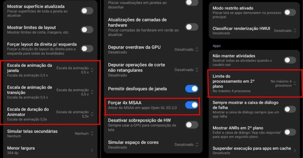 Configurações para jogos do Modo Desenvolvedor