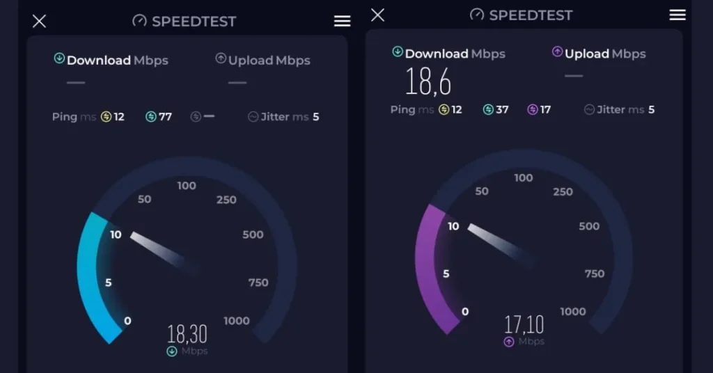 Teste de velocidade feito pelo aplicativo SpeedTest 